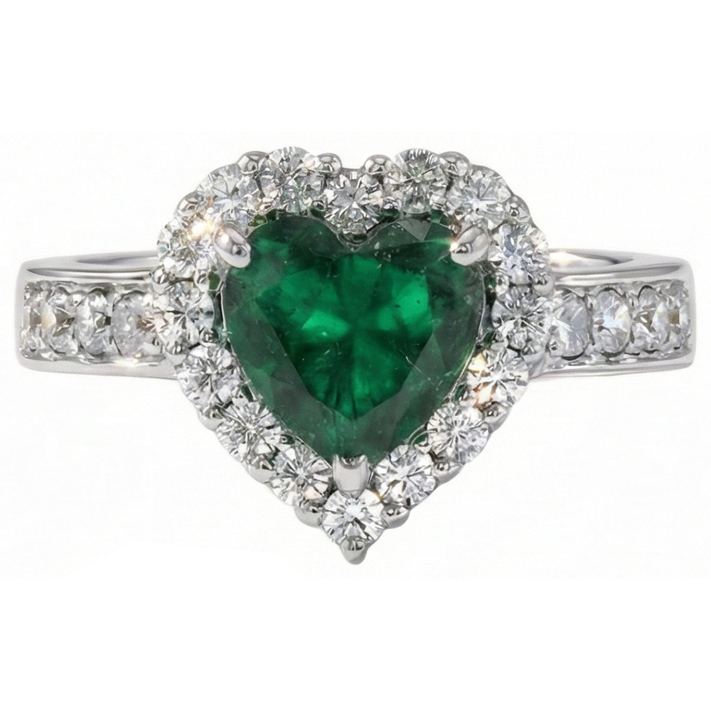 5 Karat Grüner Smaragd-Aus der Erde Abgebauter Natürlicher Diamant-Ring im Herzschliff Weiß 14K