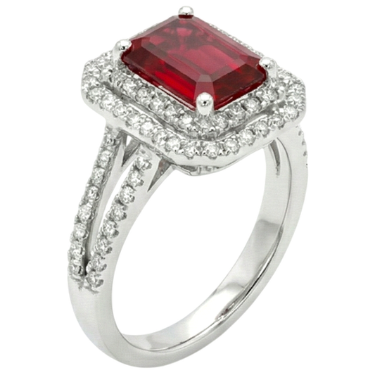 5 Karat Smaragdschliff Rubin und Aus der Erde Abgebauter Natürlicher Diamant Ring Weißgold 14K Schmuck