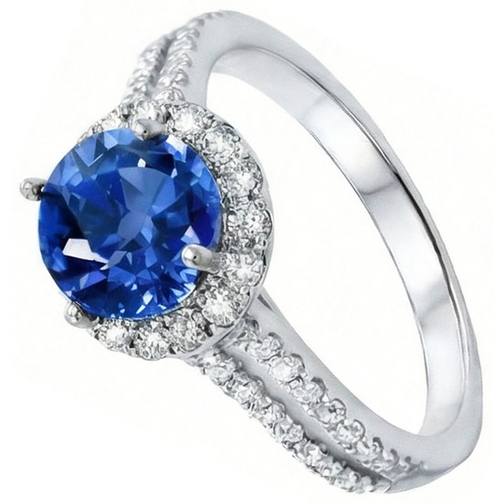 5 Kt. runder Ceylon Saphir mit Aus der Erde Abgebauter Natürlicher Diamanten Ring Weißgold 14K