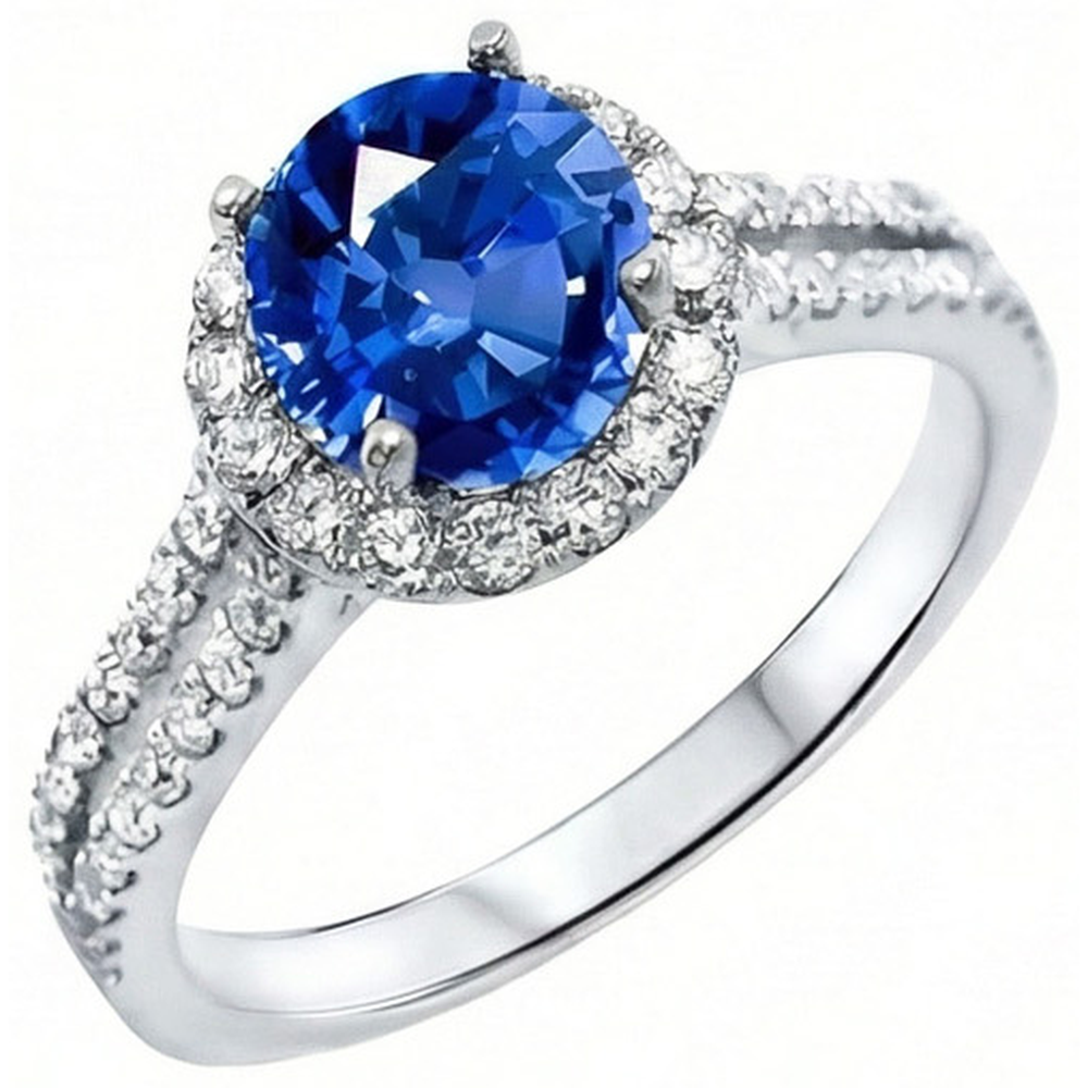 5 Kt. runder Ceylon Saphir mit Aus der Erde Abgebauter Natürlicher Diamanten Ring Weißgold 14K