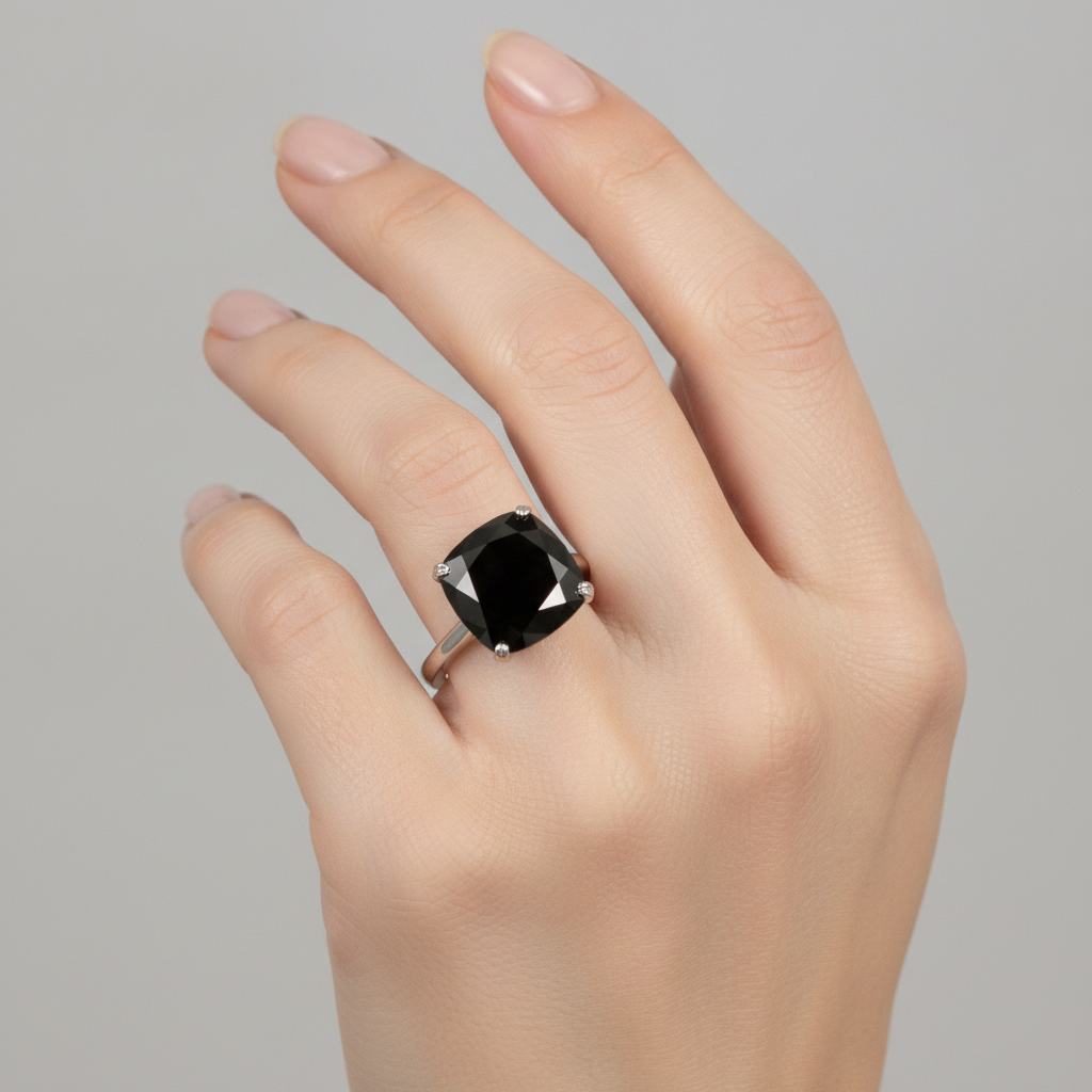 Verlobungsring mit schwarzem Diamanten 5 Karat Echter Kissenschliff Solitär Messerkante 14 Karat Weißgold