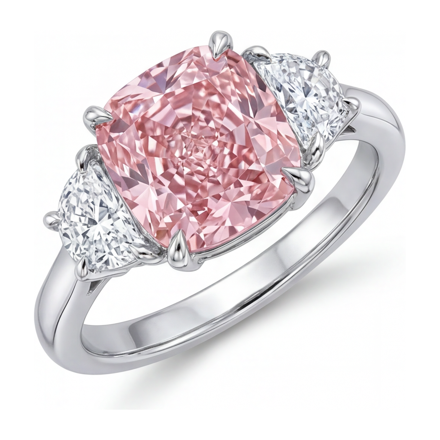 Dreistein-Ring mit rosa Diamant, 5 Karat, im Labor gezüchtet, Kissenschliff, 14 Karat Weißgold