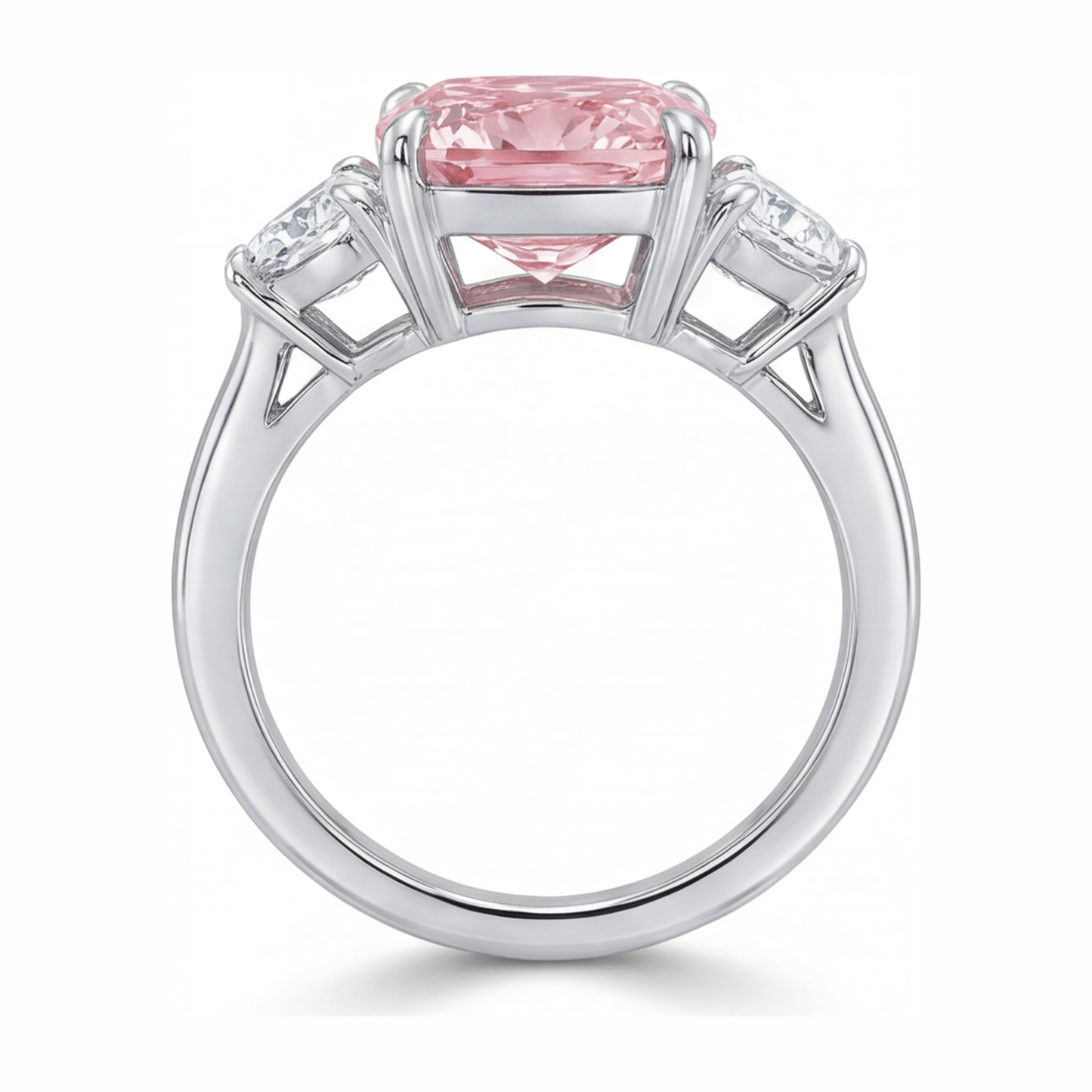 Dreistein-Ring mit rosa Diamant, 5 Karat, im Labor gezüchtet, Kissenschliff, 14 Karat Weißgold