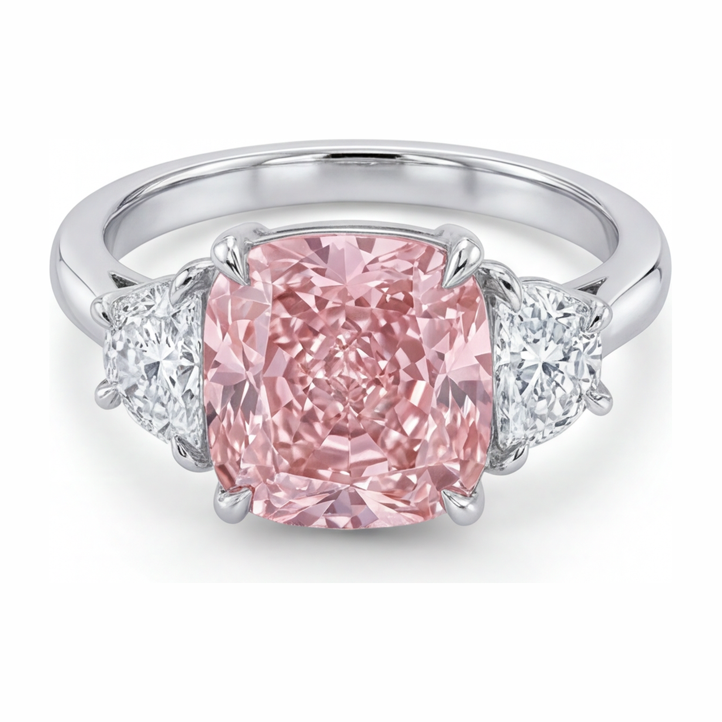 Dreistein-Ring mit rosa Diamant, 5 Karat, im Labor gezüchtet, Kissenschliff, 14 Karat Weißgold