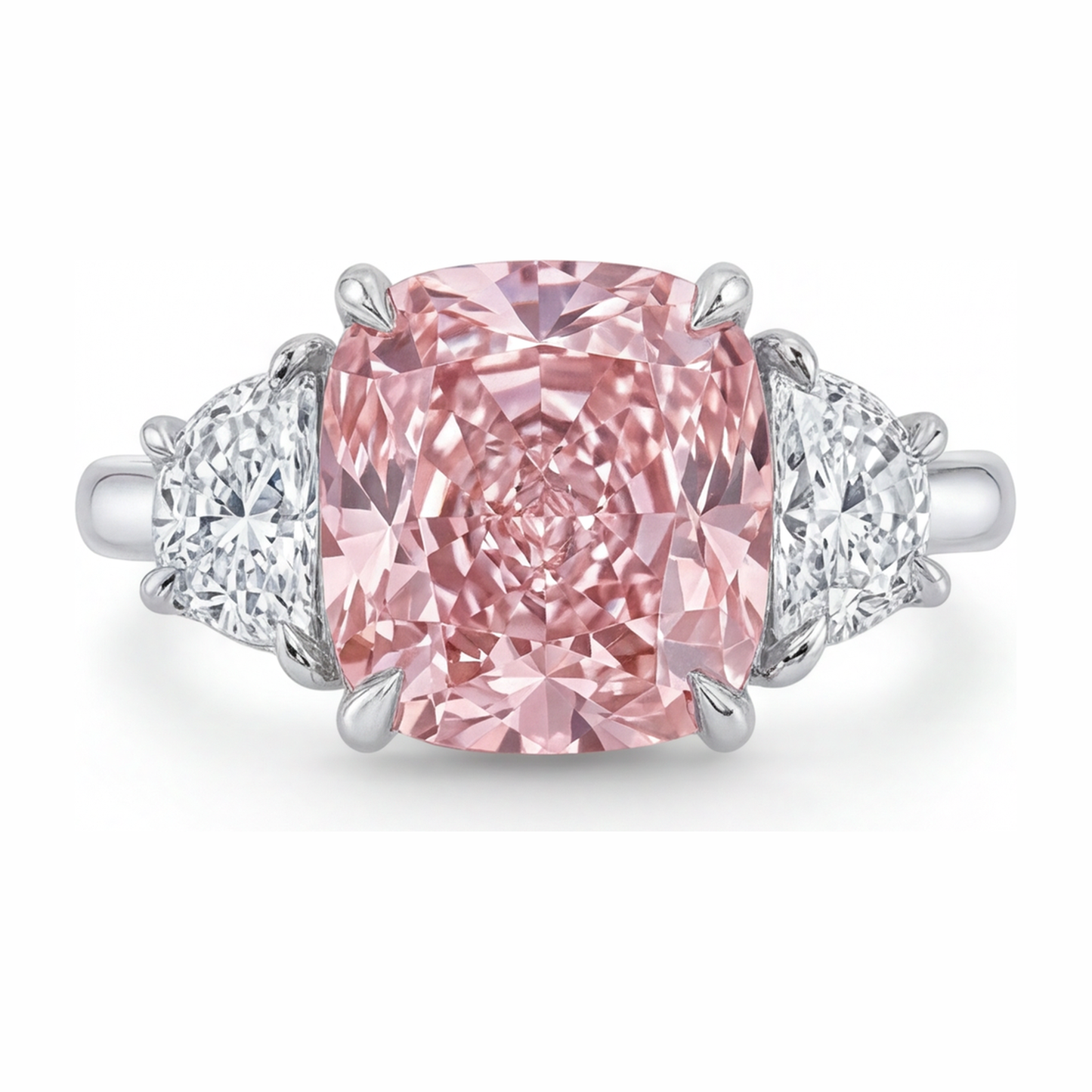 Dreistein-Ring mit rosa Diamant, 5 Karat, im Labor gezüchtet, Kissenschliff, 14 Karat Weißgold