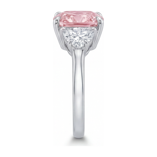 Dreistein-Ring mit rosa Diamant, 5 Karat, im Labor gezüchtet, Kissenschliff, 14 Karat Weißgold