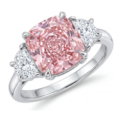 Dreistein-Ring mit rosa Diamant, 5 Karat, im Labor gezüchtet, Kissenschliff, 14 Karat Weißgold