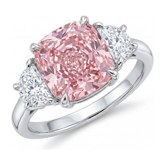 Dreistein-Ring mit rosa Diamant, 5 Karat, im Labor gezüchtet, Kissenschliff, 14 Karat Weißgold