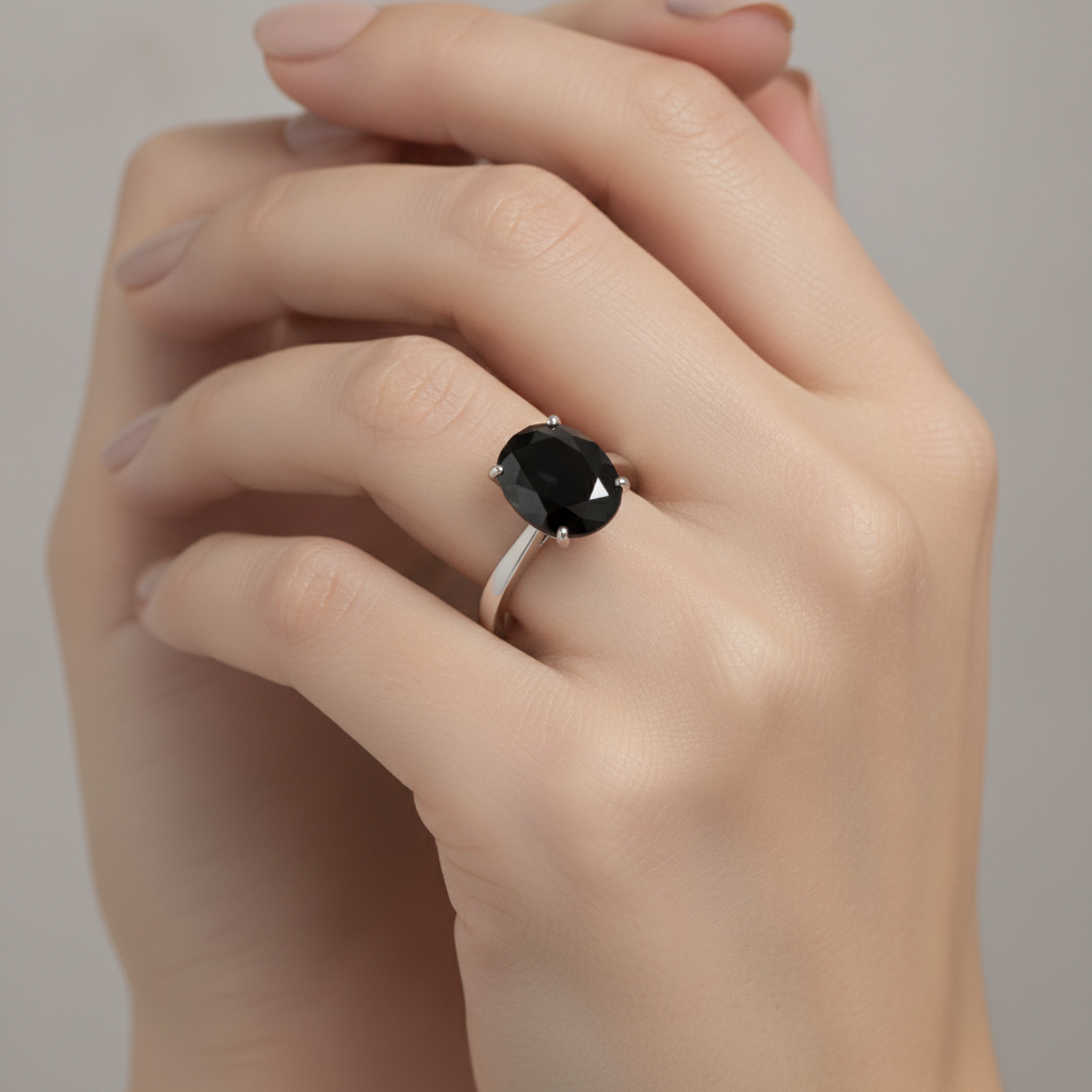 Verlobungsring mit schwarzem Diamanten 5 Karat, echter ovaler Solitär, verjüngt, 14 Karat Weißgold
