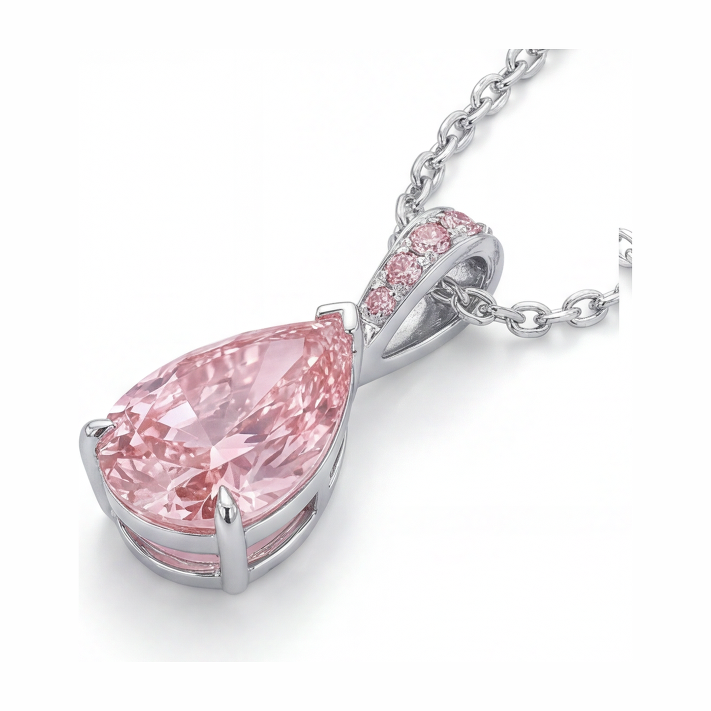 Halskette mit rosa Diamant-Anhänger 5 Karat im Labor gezüchtet Tropfenschliff Pavé Solitär 14 Karat Weißgold