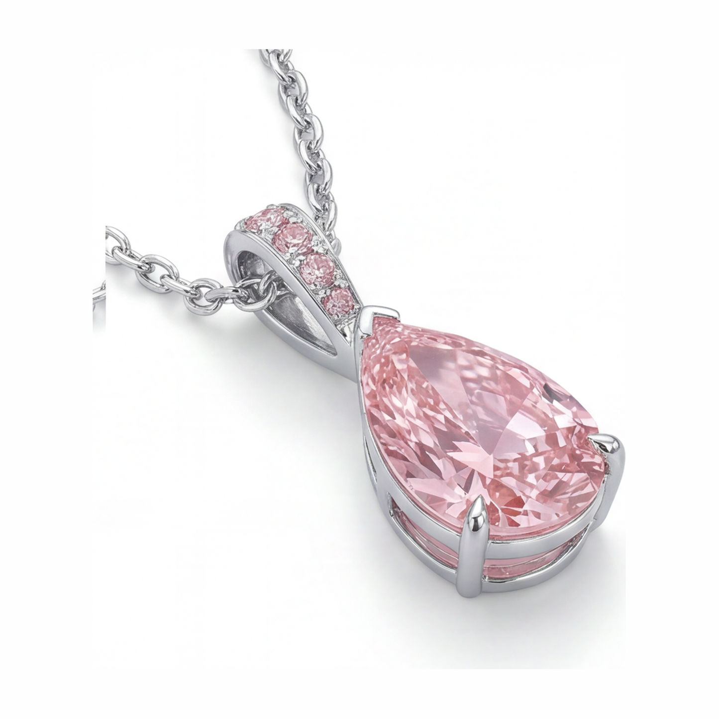 Halskette mit rosa Diamant-Anhänger 5 Karat im Labor gezüchtet Tropfenschliff Pavé Solitär 14 Karat Weißgold
