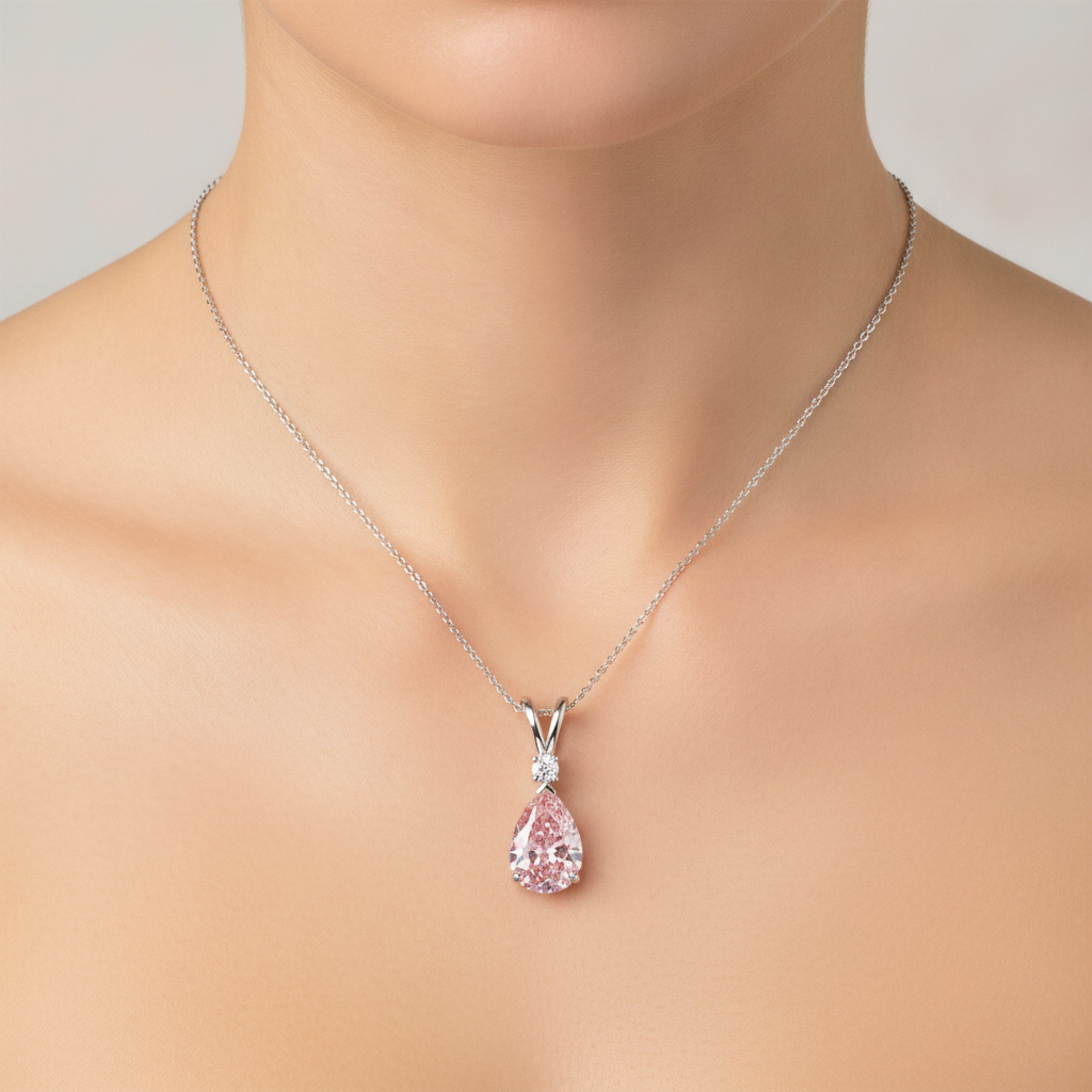 Halskette mit rosa Diamant, 5 Karat, im Labor gezüchtet, Tropfenschliff, Solitäranhänger mit geteilter Schiene, 14 Karat Weißgold