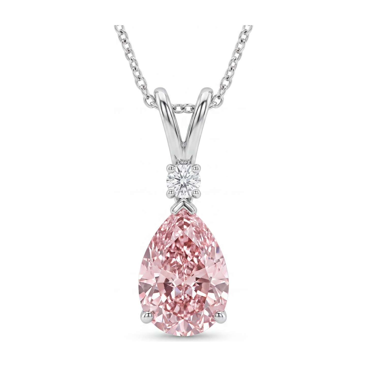 Halskette mit rosa Diamant, 5 Karat, im Labor gezüchtet, Tropfenschliff, Solitäranhänger mit geteilter Schiene, 14 Karat Weißgold