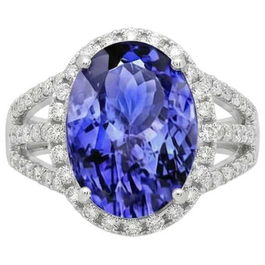 5,80 Karat Ovaler Tansanit & runder Aus der Erde Abgebauter Natürlicher Diamant Fancy Ring Weißgold 14K