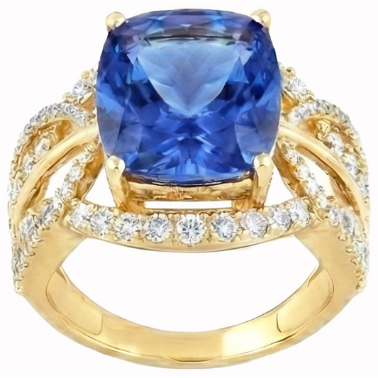 6.01 ct. Kissen Sri Lanka Blauer Saphir und Aus der Erde Abgebauter Natürlicher Diamanten Gelbgold 14K