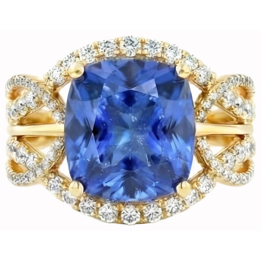 6.01 ct. Kissen Sri Lanka Blauer Saphir und Aus der Erde Abgebauter Natürlicher Diamanten Gelbgold 14K