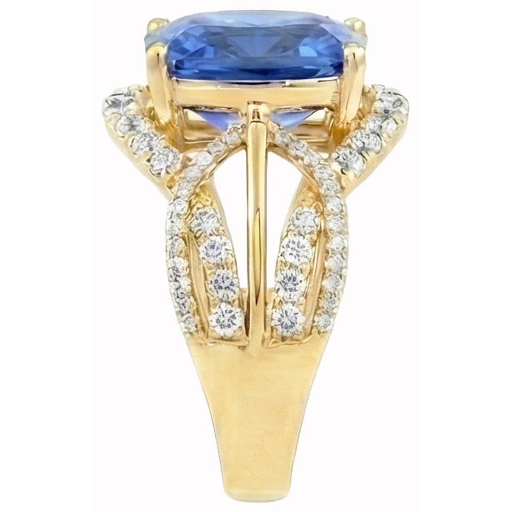 6.01 ct. Kissen Sri Lanka Blauer Saphir und Aus der Erde Abgebauter Natürlicher Diamanten Gelbgold 14K