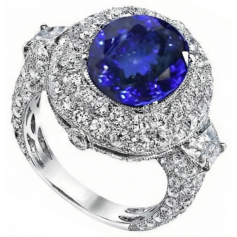 6.01 ct Tansanit Oval und Aus der Erde Abgebauter Natürlicher Diamanten Ring Weißgold 14K