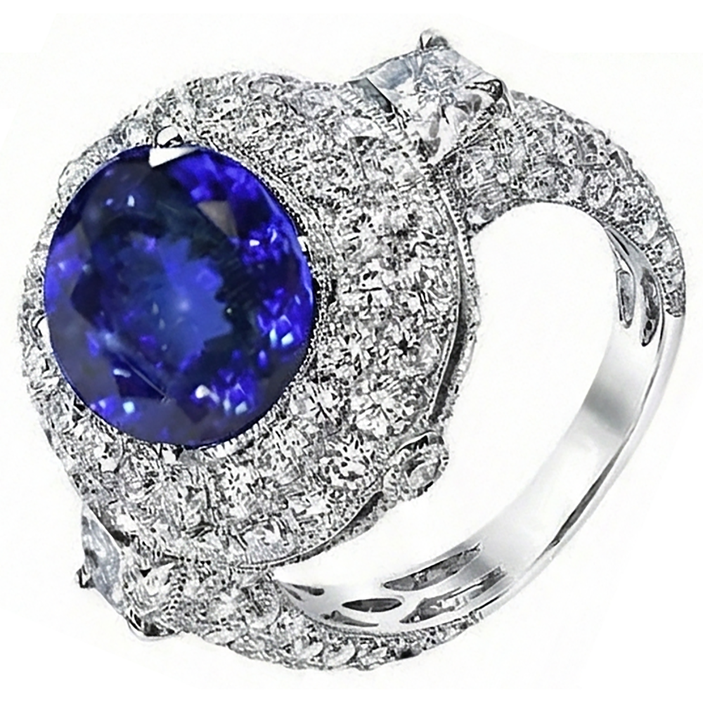 6.01 ct Tansanit Oval und Aus der Erde Abgebauter Natürlicher Diamanten Ring Weißgold 14K