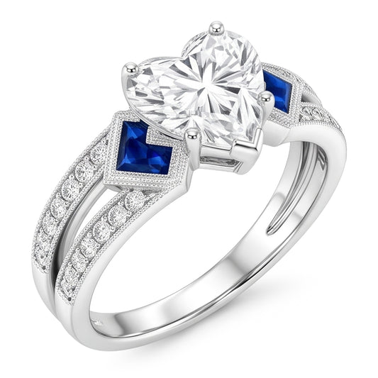 6.50 Karat Echt Aus der Erde Abgebauter Natürlicher Diamant im Herzschliff mit Saphir-Ehering WG 14K