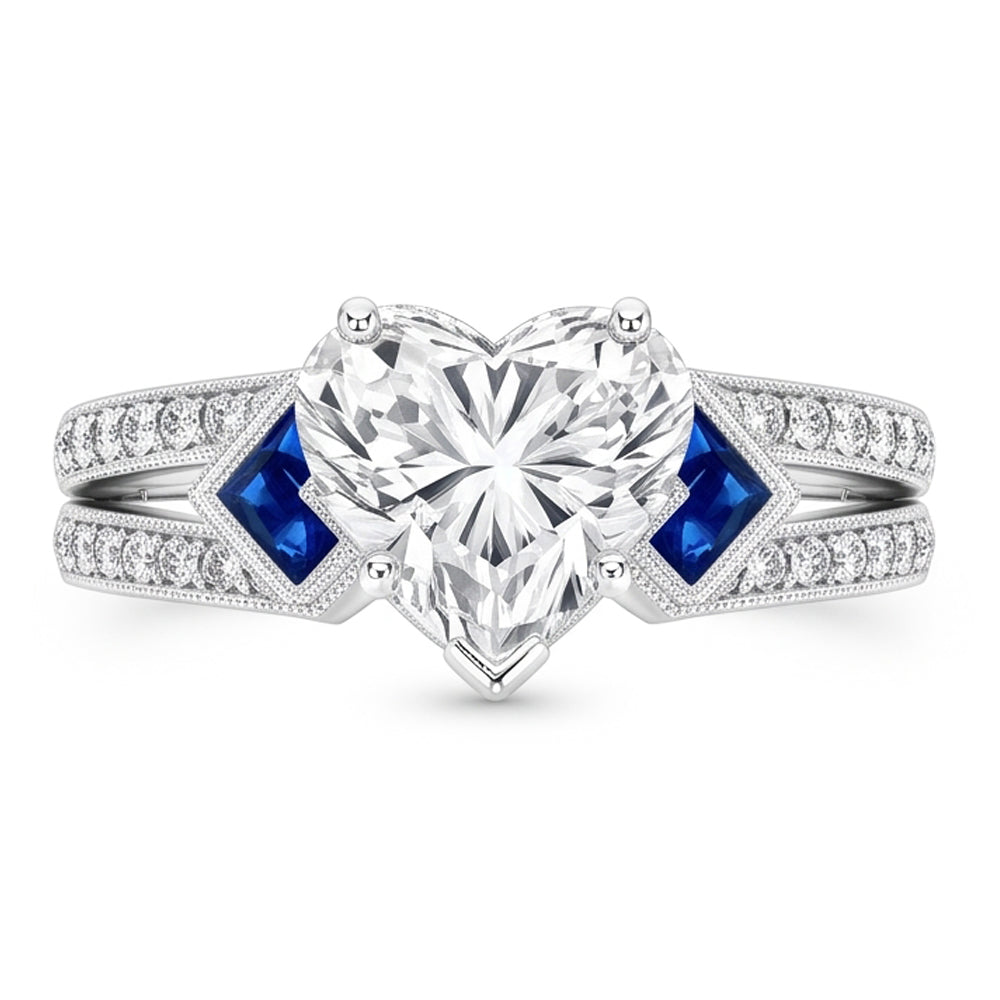 6.50 Karat Echt Aus der Erde Abgebauter Natürlicher Diamant im Herzschliff mit Saphir-Ehering WG 14K