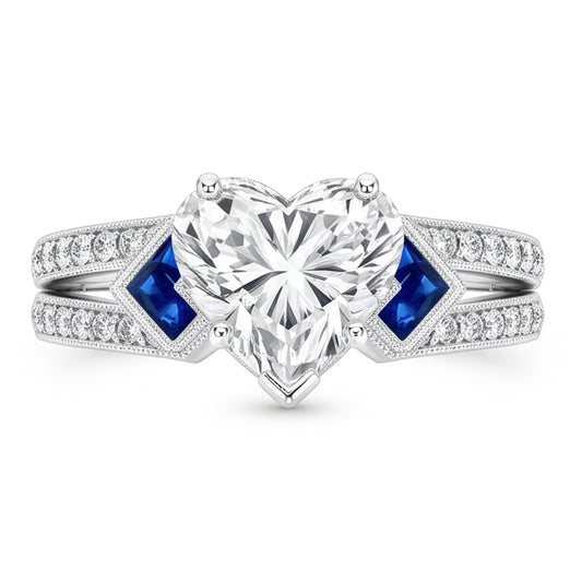 6.50 Karat Echt Aus der Erde Abgebauter Natürlicher Diamant im Herzschliff mit Saphir-Ehering WG 14K