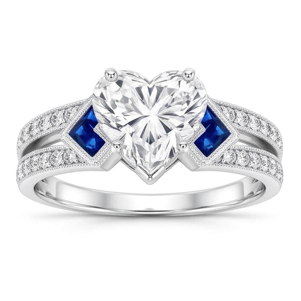 6.50 Karat Echt Aus der Erde Abgebauter Natürlicher Diamant im Herzschliff mit Saphir-Ehering WG 14K