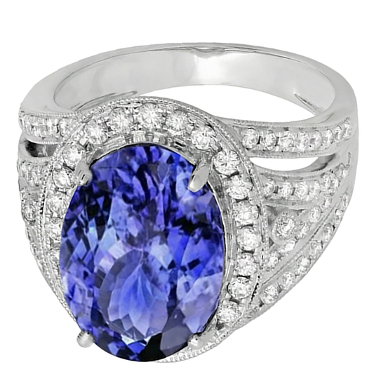 6.55 Karat Center Oval Tansanit Fancy Ring Weißgold 14K