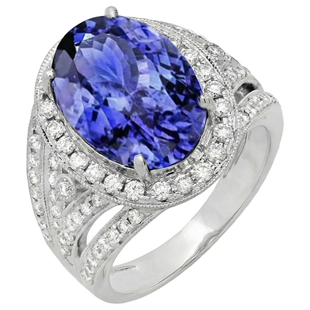 6.55 Karat Center Oval Tansanit Fancy Ring Weißgold 14K