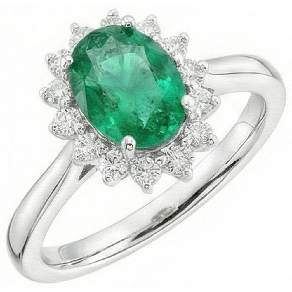 6.75 Karat Grüner Smaragd und Aus der Erde Abgebauter Natürlicher Diamanten Verlobungsring 14K Weißgold