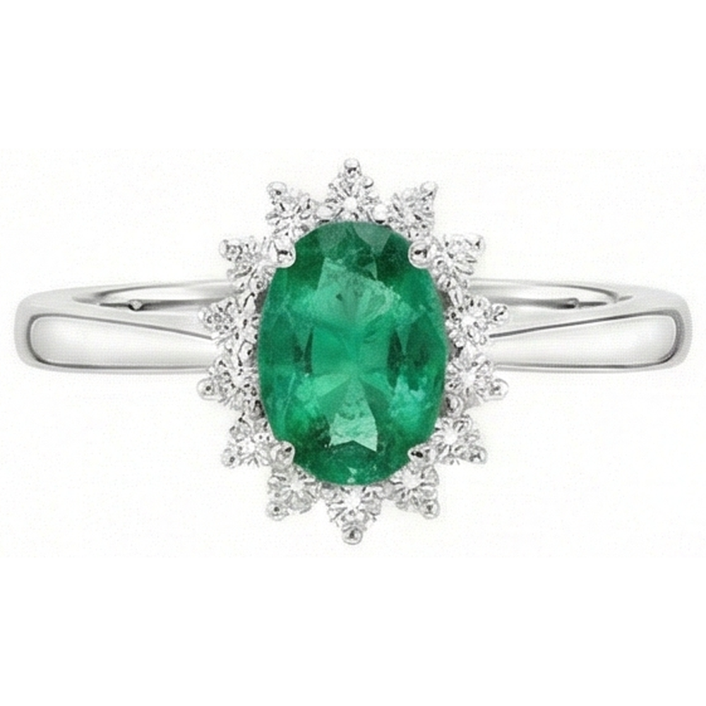 6.75 Karat Grüner Smaragd und Aus der Erde Abgebauter Natürlicher Diamanten Verlobungsring 14K Weißgold