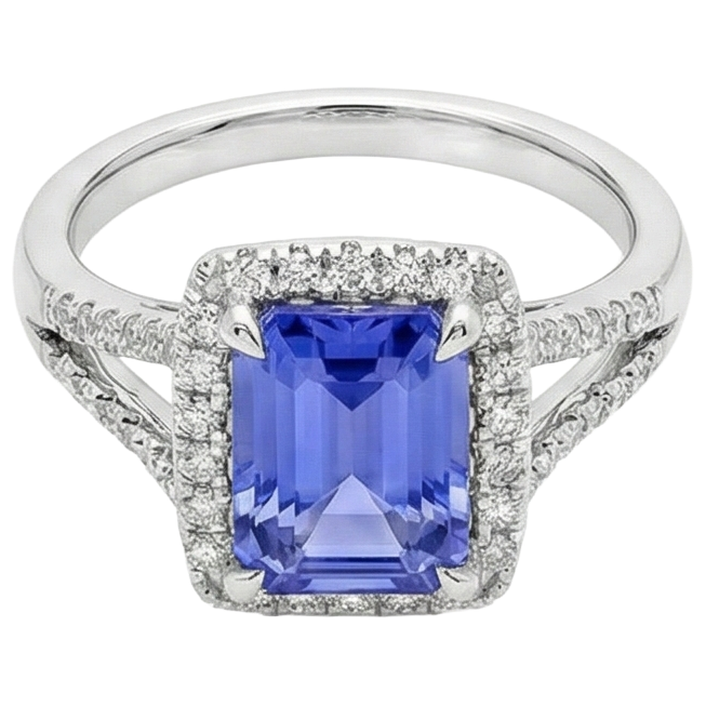 6.85 Kt Blauer Tansanit mit Aus der Erde Abgebauter Natürlicher Diamanten Ring Gold Weiß 14K