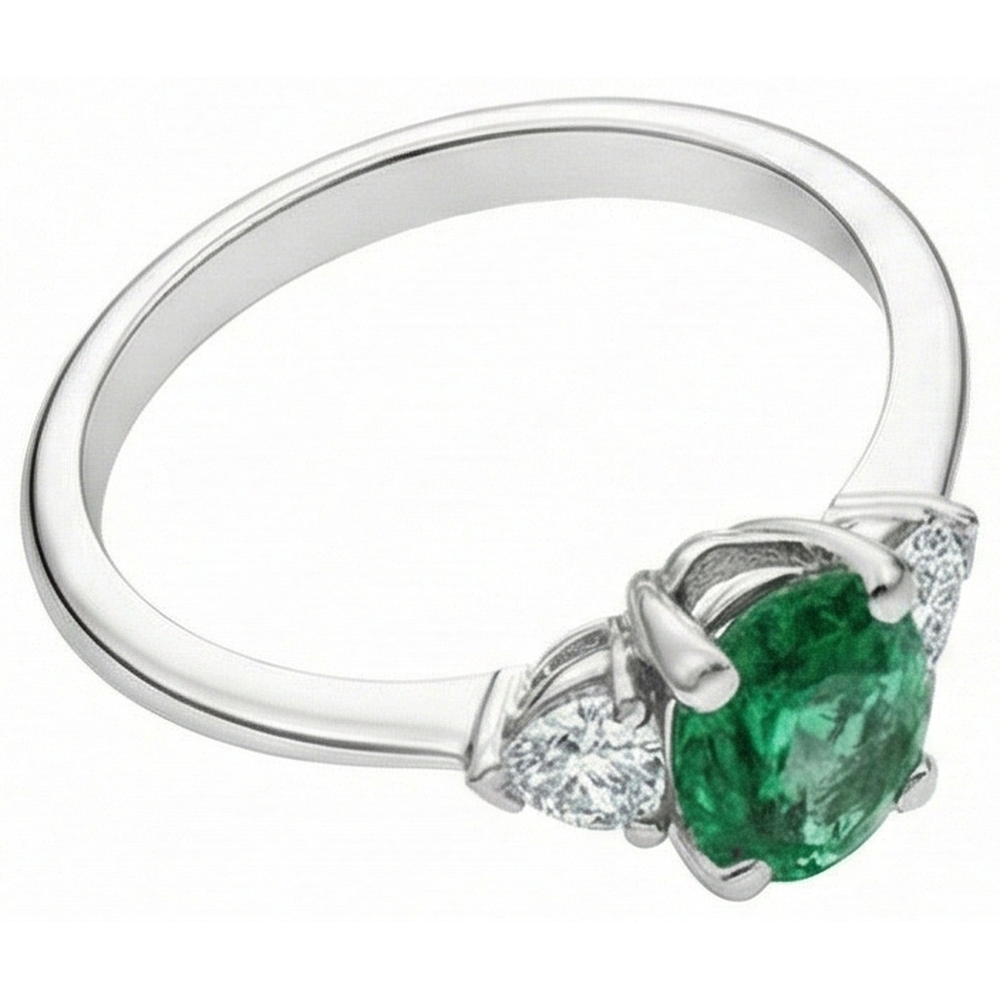 6 Karat Drei Stein Grün Smaragd Und Aus der Erde Abgebauter Natürlicher Diamanten Ring 14K Weißgold