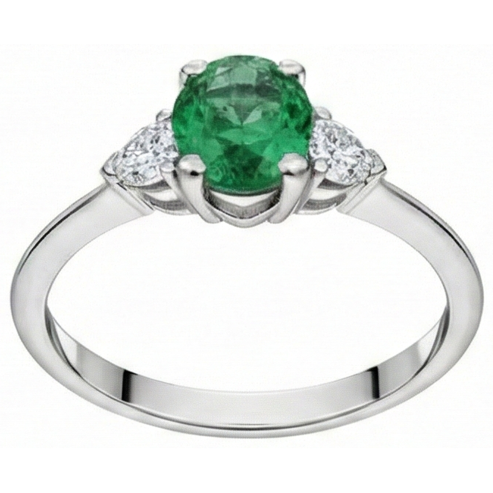 6 Karat Drei Stein Grün Smaragd Und Aus der Erde Abgebauter Natürlicher Diamanten Ring 14K Weißgold