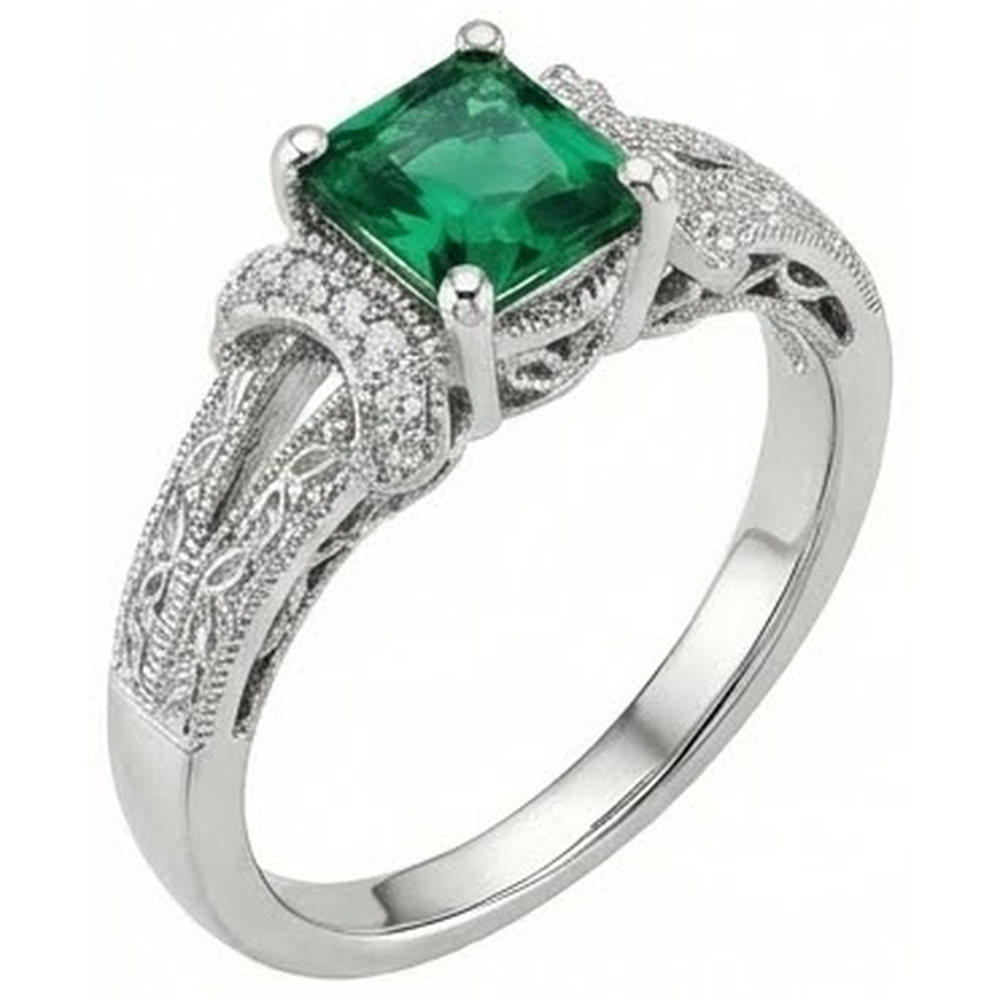 6 Karat Grün Smaragd-Aus der Erde Abgebauter Natürlicher Diamant-Ring im Princess-Schliff Weißgold Feiner Schmuck