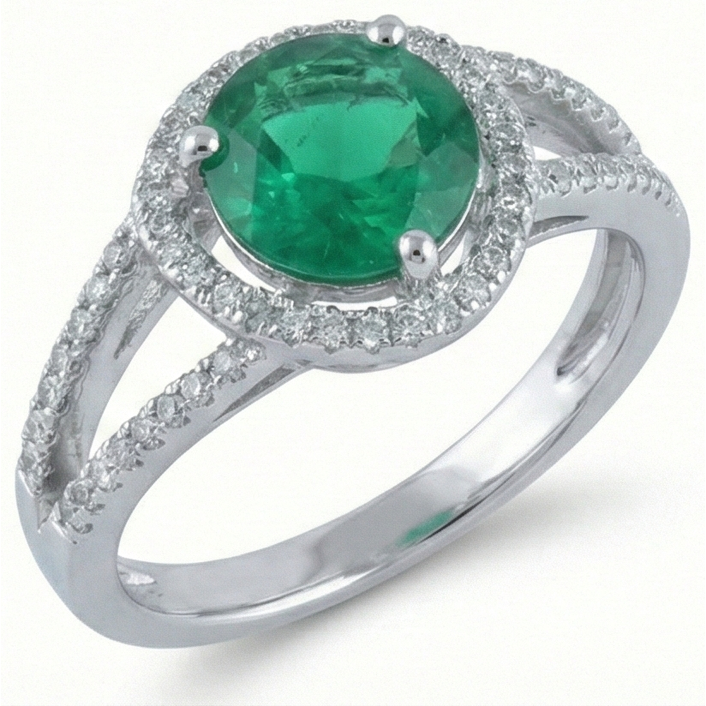 6 Karat runde Form grüner Smaragd mit Aus der Erde Abgebauter Natürlicher Diamantring Gold