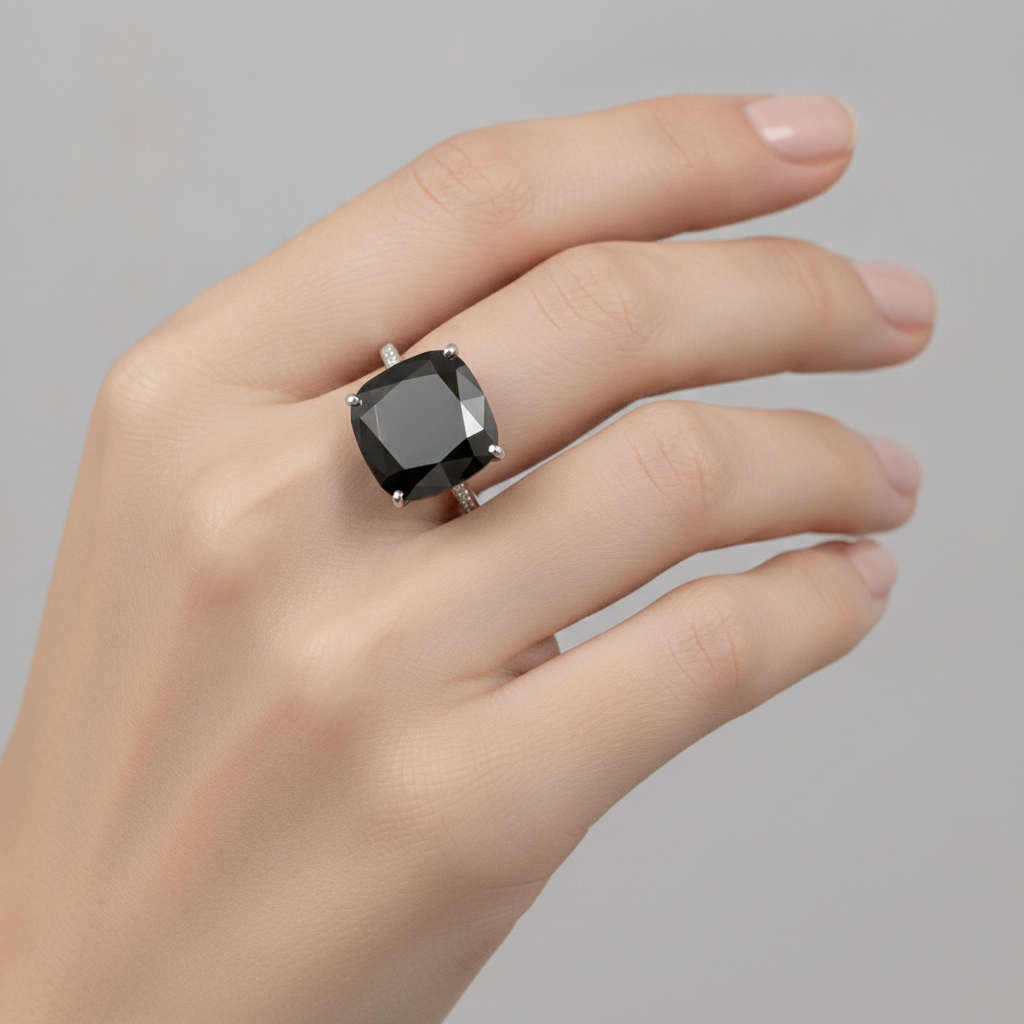 Schwarzer Diamantschmuck – Echter Solitärring im Kissenschliff, 6 Karat, 14 Karat Weißgold
