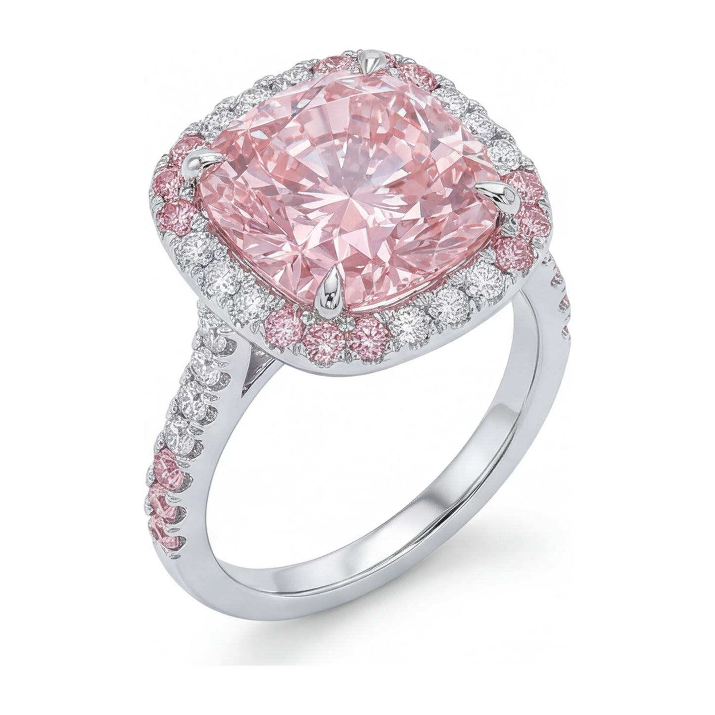 Damenring mit rosa Diamant, 6 Karat, im Labor gezüchtet, Kissenschliff, Doppel-Halo, 14 Karat Weißgold