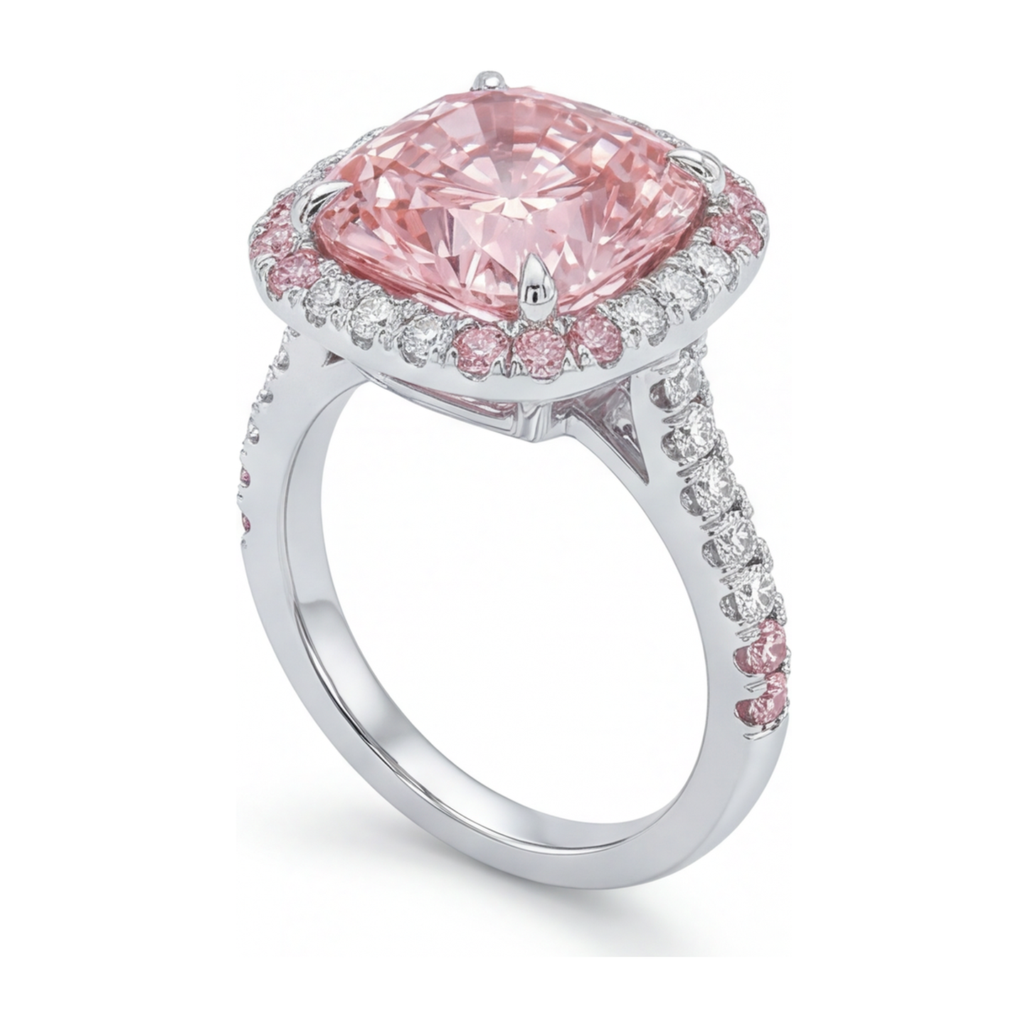 Damenring mit rosa Diamant, 6 Karat, im Labor gezüchtet, Kissenschliff, Doppel-Halo, 14 Karat Weißgold
