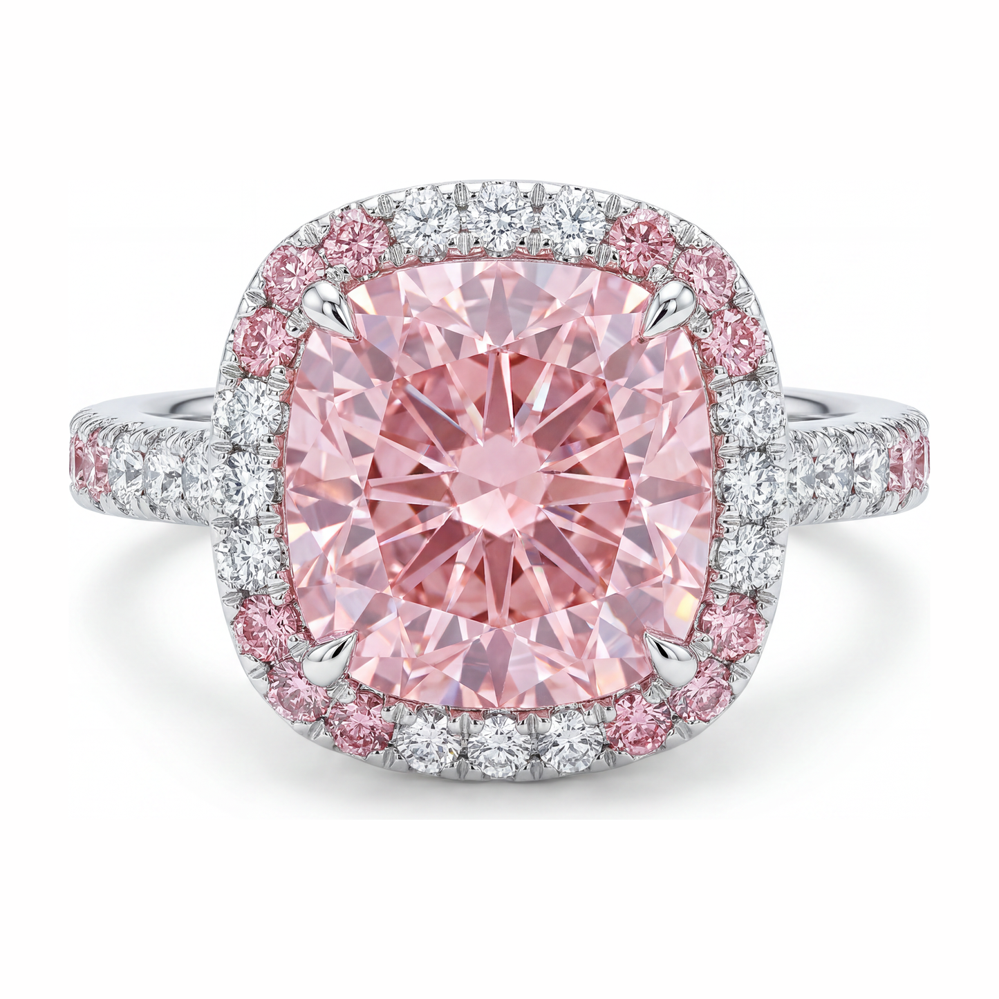 Damenring mit rosa Diamant, 6 Karat, im Labor gezüchtet, Kissenschliff, Doppel-Halo, 14 Karat Weißgold