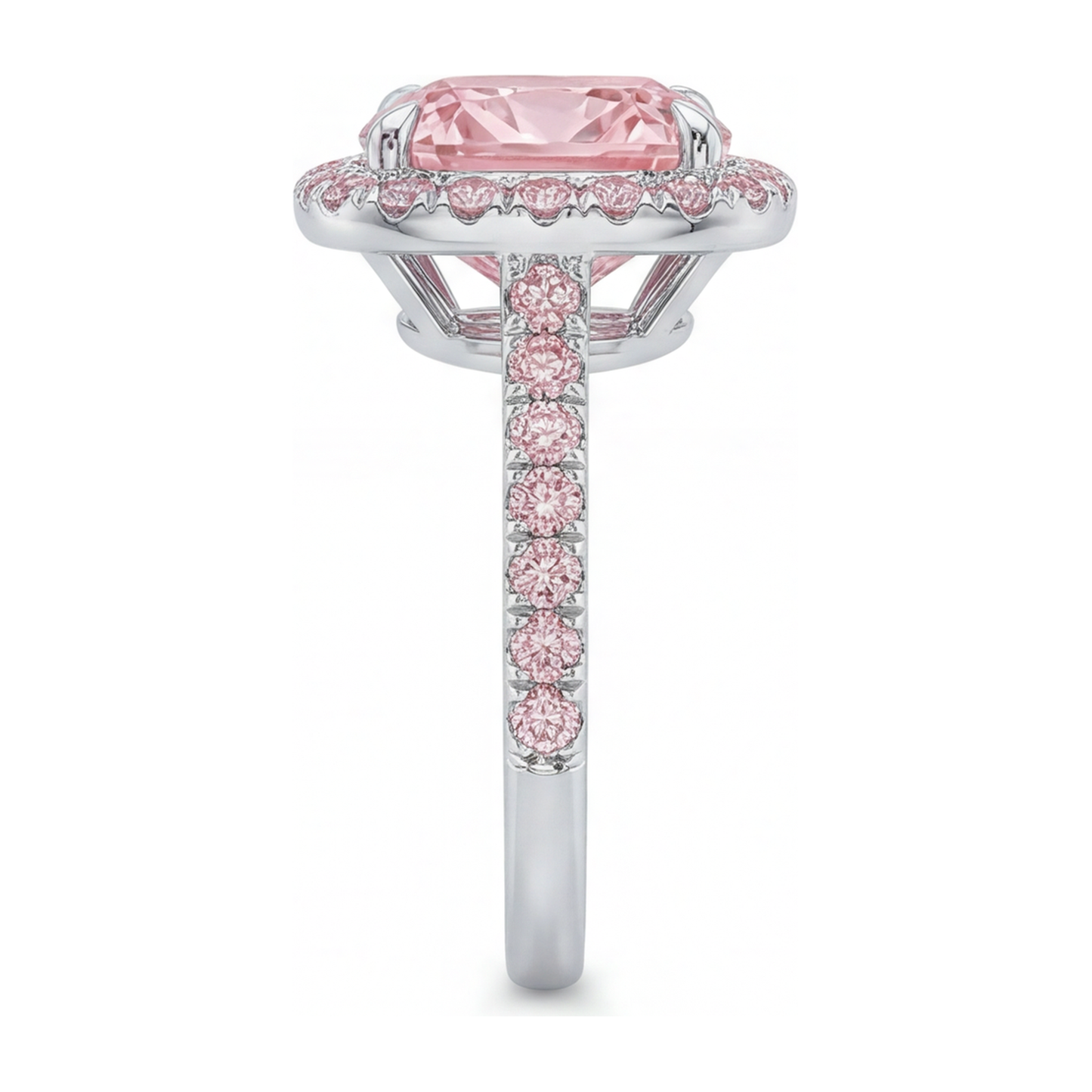 Verlobungsring mit im Labor gezüchtetem rosa Diamanten, 6 Karat, Kissenschliff, Halo, Pavé, 14 Karat Weißgold