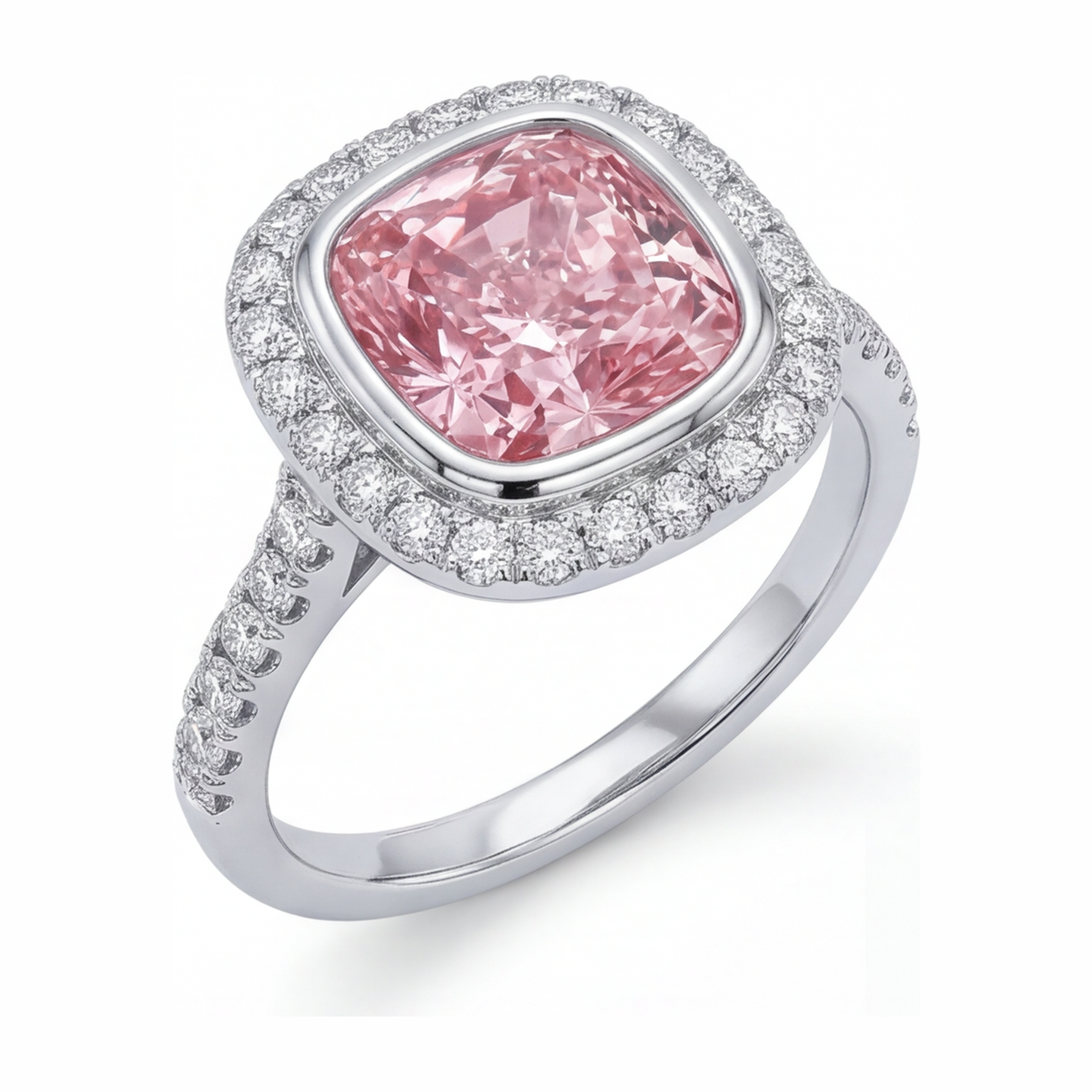 Rosa Diamantring 6 Karat im Labor gezüchtet Kissenschliff Halo Pavé 14 Karat Weißgold