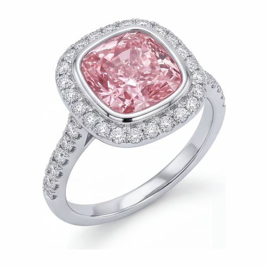 Rosa Diamantring 6 Karat im Labor gezüchtet Kissenschliff Halo Pavé 14 Karat Weißgold