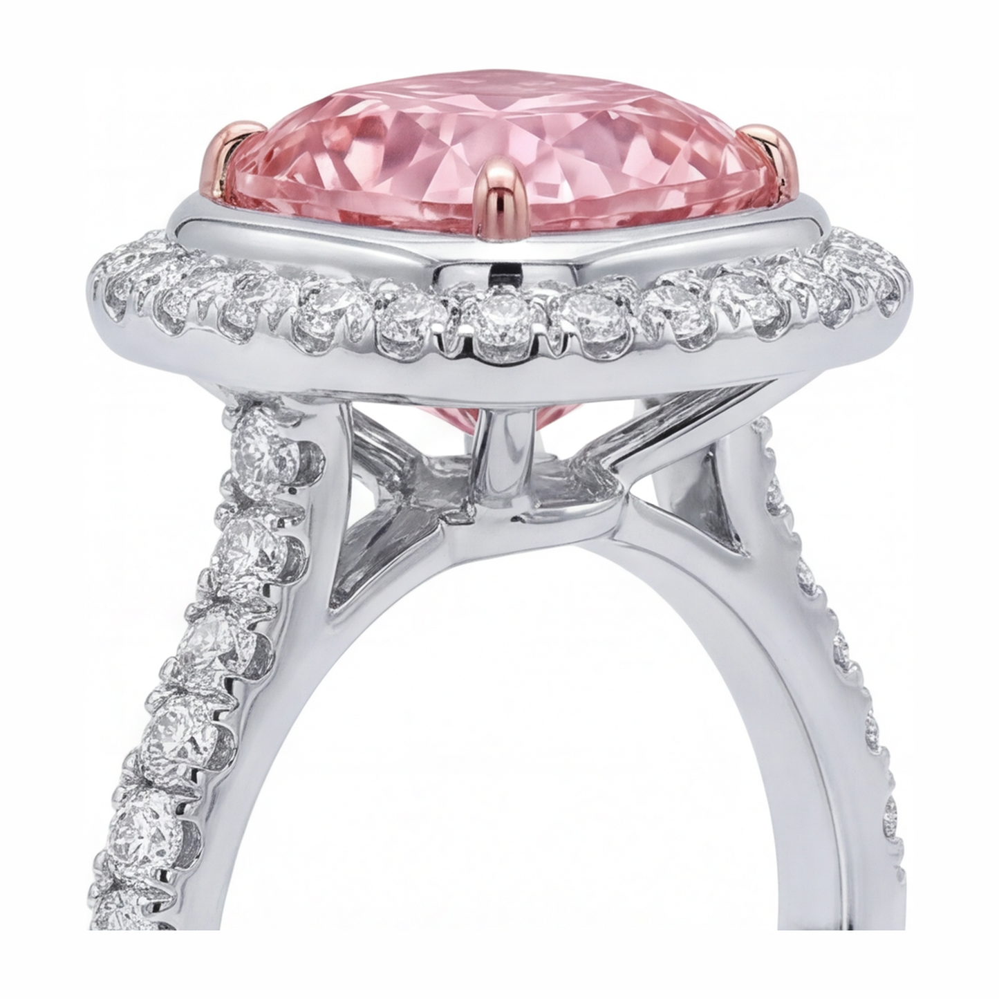 Rosa Diamantring 6 Karat im Labor gezüchtet Kissenschliff Halo Pavé 14 Karat Weißgold
