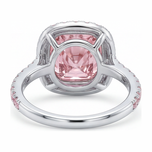Verlobungsring mit im Labor gezüchtetem rosa Diamanten, 6 Karat, Kissenschliff, Halo, Pavé, 14 Karat Weißgold