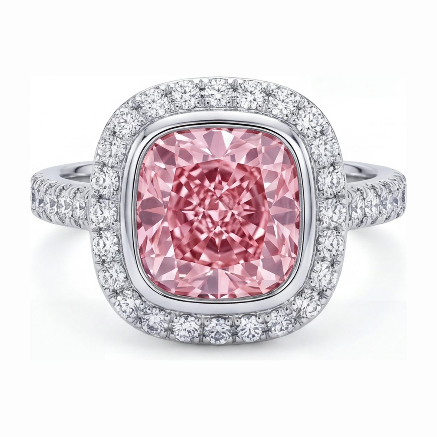 Rosa Diamantring 6 Karat im Labor gezüchtet Kissenschliff Halo Pavé 14 Karat Weißgold
