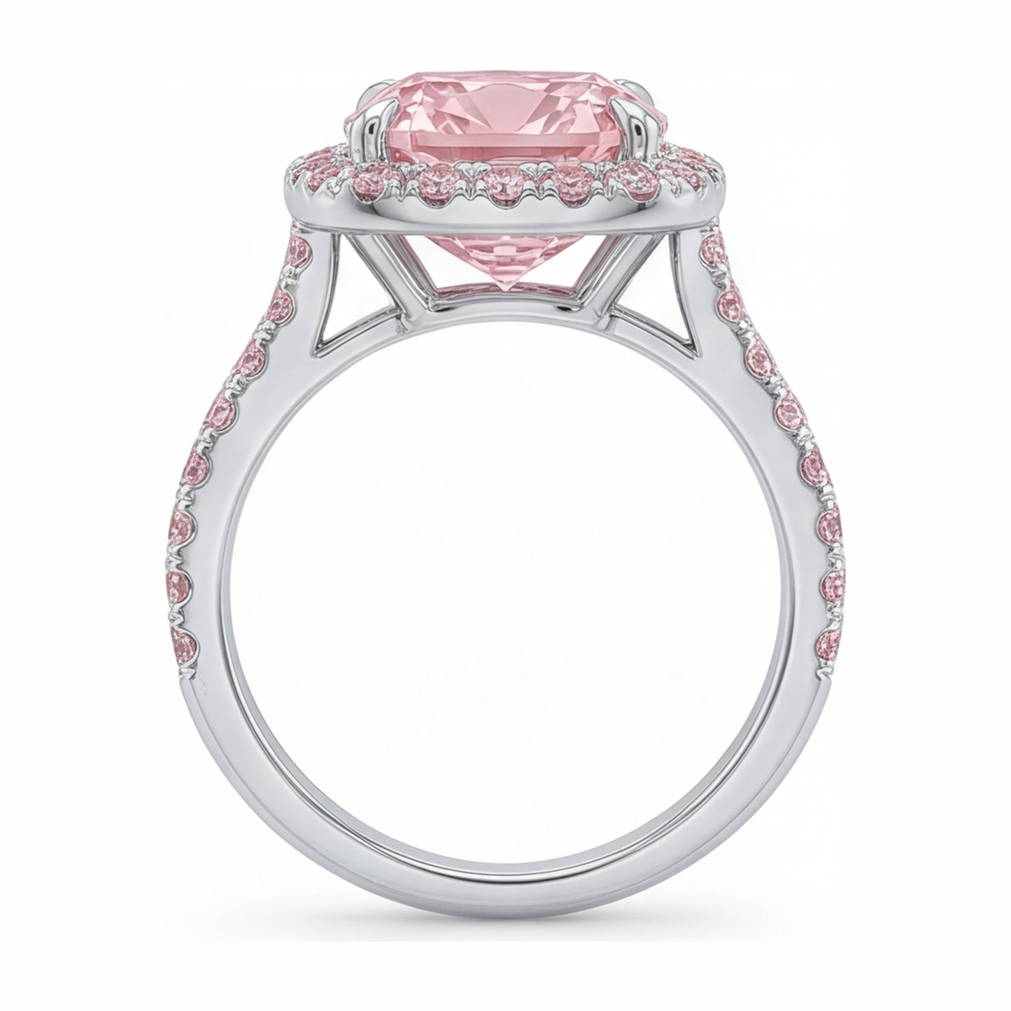 Verlobungsring mit im Labor gezüchtetem rosa Diamanten, 6 Karat, Kissenschliff, Halo, Pavé, 14 Karat Weißgold