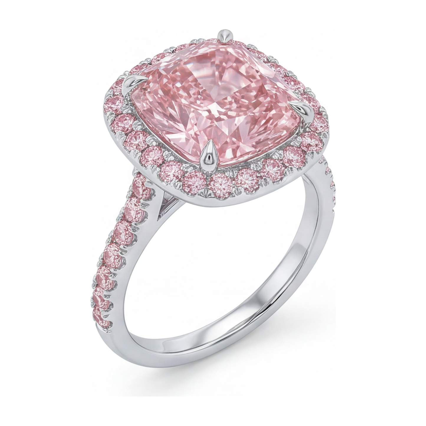 Verlobungsring mit im Labor gezüchtetem rosa Diamanten, 6 Karat, Kissenschliff, Halo, Pavé, 14 Karat Weißgold