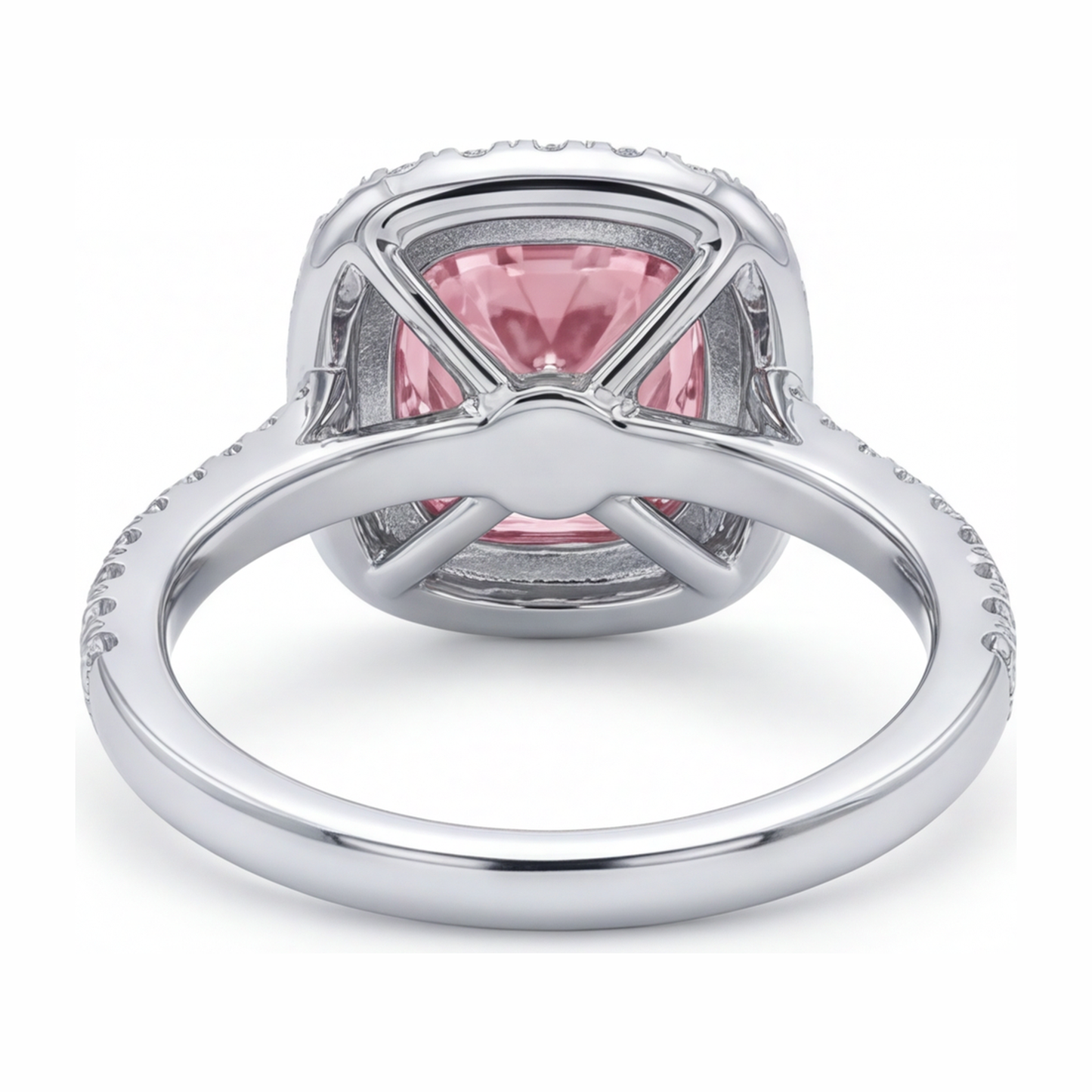 Rosa Diamantring 6 Karat im Labor gezüchtet Kissenschliff Halo Pavé 14 Karat Weißgold