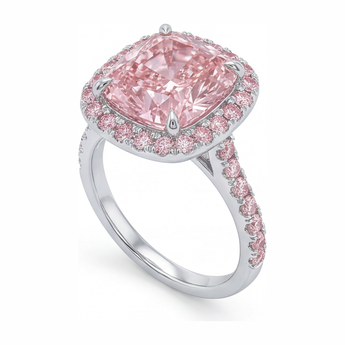 Verlobungsring mit im Labor gezüchtetem rosa Diamanten, 6 Karat, Kissenschliff, Halo, Pavé, 14 Karat Weißgold